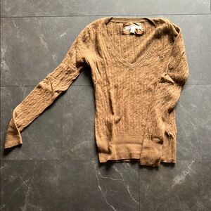 Brown V-Neck Cable Knit Sweater